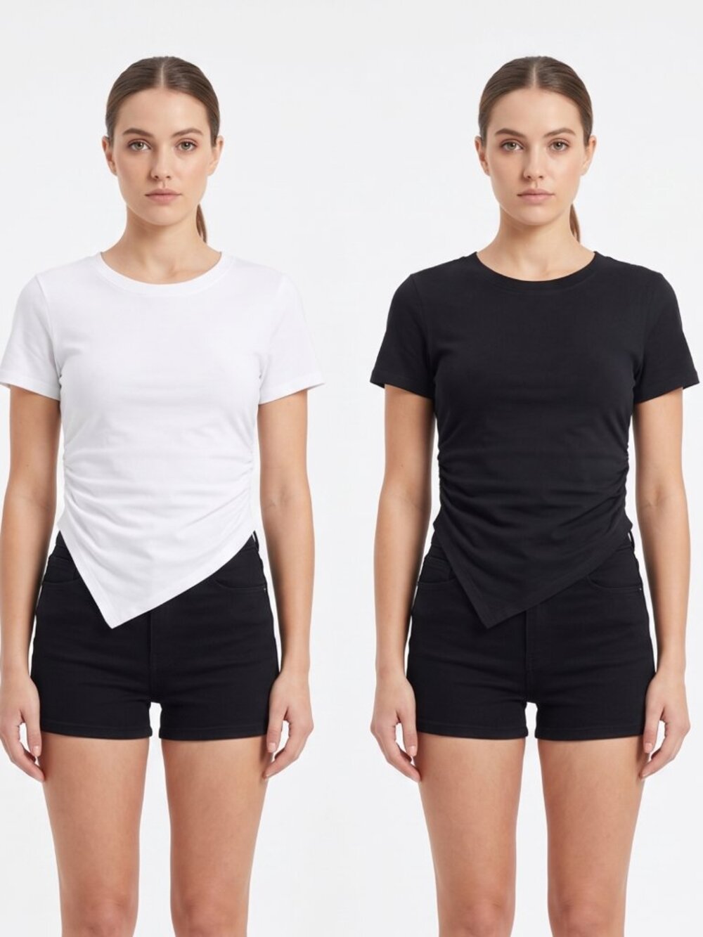 NIP | 2-Piece Black & White Side Ruched Asymmetrical Tee Shirt Set | Small